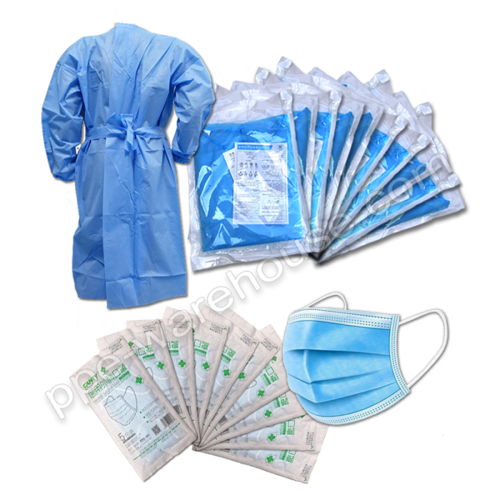 10 Blue Gowns non knitted cuffs and 10x5 Packs of Surgical IIR 1